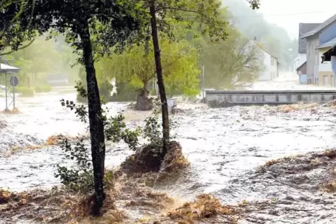 Wenn sich die Straße nach Unwettern (wie hier 2017 in Fischbach) in einen reißenden Fluss verwandelt, werden oft auch Gebäude in
