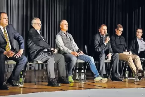 Wie die Hühner auf der Stange: Die Bürgermeisterkandidaten der Verbandsgemeinde Rheinauen bei einer Podiumsdiskussion.