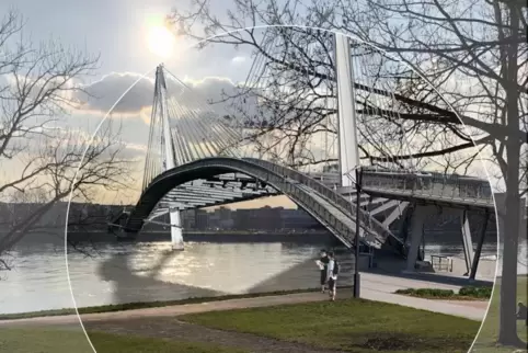 Blick vom Mannheimer Ufer nach Ludwigshafen: Entwurf einer Radbrücke von der rechts- auf die linksrheinische Rheinpromenade Entw