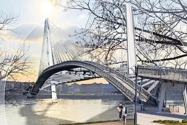 Blick vom Mannheimer Ufer nach Ludwigshafen: Entwurf einer Radbrücke von der rechts- auf die linksrheinische Rheinpromenade.
