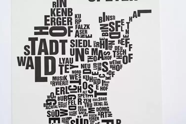 Speyer in Buchstaben: der Speyerer Stadtplan, wie ihn in Dresden die K&uuml;nstler von &bdquo;Buchstabenorte&ldquo; sehen.