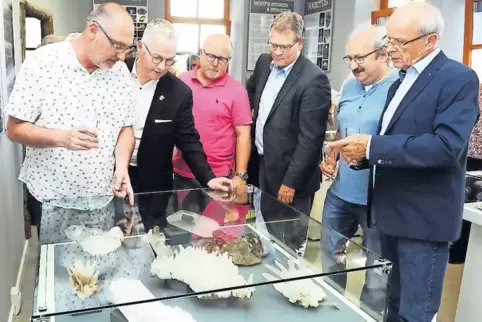 Roger Lang (li.) hatte mit Wolf-Gerd Frey (Zweiter v. re.) die Idee zu der Ausstellung. Gemeinsam mit (v.li.) Landrat Rainer Gut