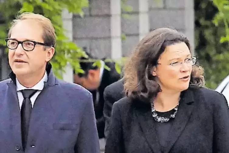 2017 in Speyer: Andrea Nahles kommt mit Alexander Dobrindt (CSU) zur Beisetzung von Helmut Kohl.
