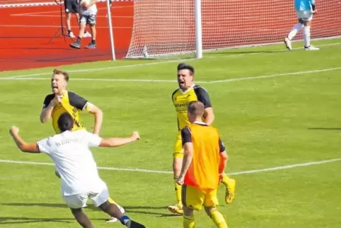 Von Sitzen gerissen: Nach Kevin Hoffmanns 2:0 (links in Gelb) stürmen die Ersatzspieler den Rasen.