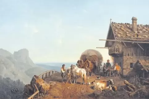 Aus dem Jahr 1843 datiert Heinrich Bürkels Ölgemälde eines Wirtshauses im Gebirge.