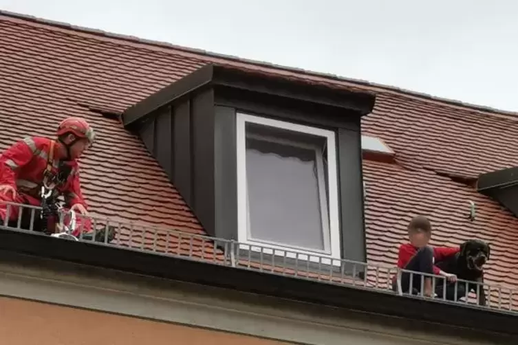 Höhenretter holten zuerst den Jungen und dann den Hund vom Dach. Foto: Polizei Unterfranken