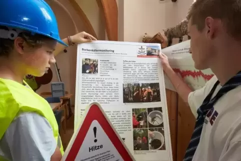 Schüler des Johannes-Gymnasiums informieren sich an einer Lernstation des interaktiven Klimawandelweges über die Erderwärmung.  