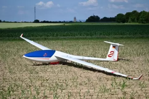 Zwischen Berghausen und Dudenhofen in der Nähe der B9: Einsam und verlassen liegt das Segelflugzeug in einem Maisfeld.  Foto: Le