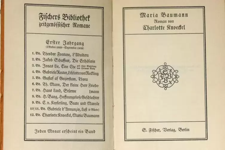 Charlotte Knoeckels dritter Roman erschien 1909 in der Reihe &bdquo;Fischer Bibliothek zeitgen&ouml;ssischer Romane&ldquo;, zusammen mit Werken u