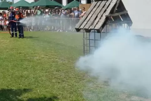 Wasser marsch: Die Jugendfeuerwehr löscht die brennende Gitterbox. Foto: mtb