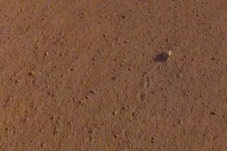 Spuren im Marssand: Bei keiner anderen Landung der Nasa ist ein Stein weiter gerollt als der „Rolling Stones Rock“. Foto: Nasa