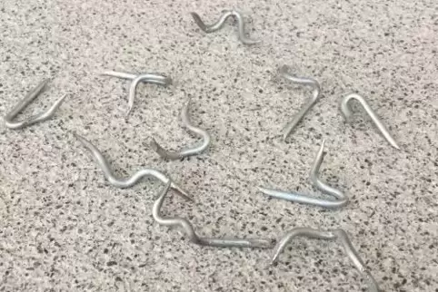 Solche verbogenen und spitzen Metallstifte wurden auf dem Weg gefunden.  Foto: Lauer  
