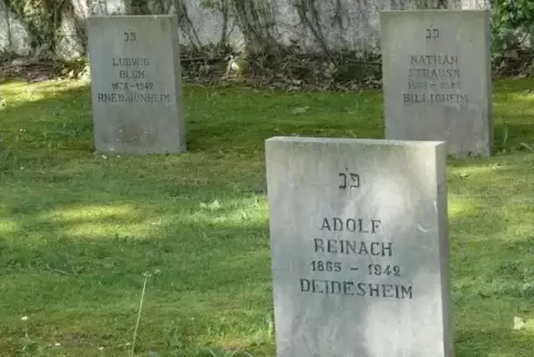 An Ludwig Blum aus Rheingönheim, Nathan Strauß aus Billigheim und Adolf Reinach aus Deidesheim erinnern diese Grabsteine auf dem