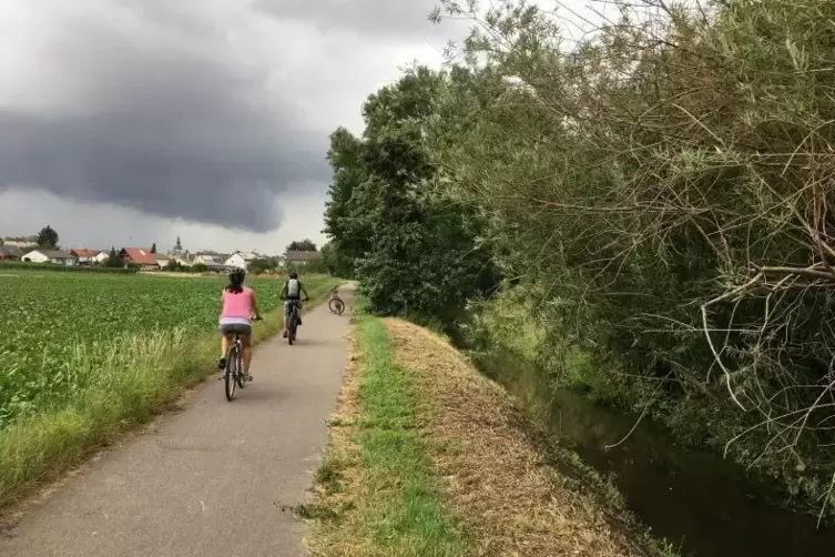 Entlang des Eckbachs Richtung Dirmstein verhei&szlig;en dunkle Wolken nichts Gutes f&uuml;r Radler. Foto: Werdelis