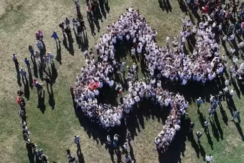 Schüler und Lehrer gruppieren sich zum Wimmelbild. Foto: van