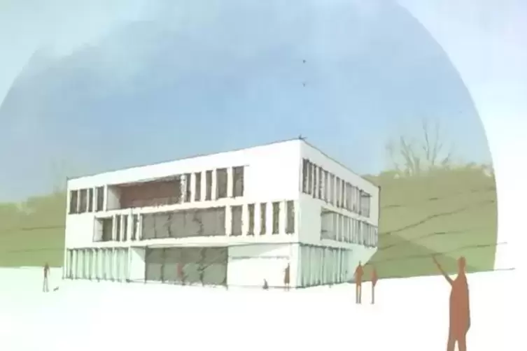 Unter anderem diese Skizze, wie das neue Rathaus aussehen soll, zeigten die Architekten der Werkgemeinschaft Landau am Mittwoch 