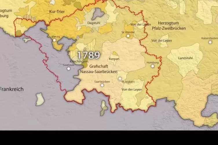 Eine animierte Landkarte zeichnet in knapp sechseinhalb Minuten Laufzeit die Grenzverschiebungen in 230 Jahren Saargeschichte na