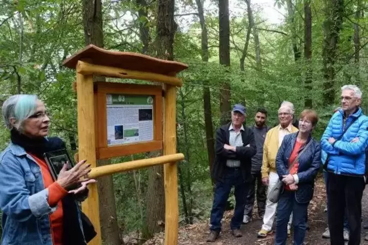Angelika Schäfer-Seibert (links) erklärt den Wanderern auf dem Tablet die Funktionsweise der App.