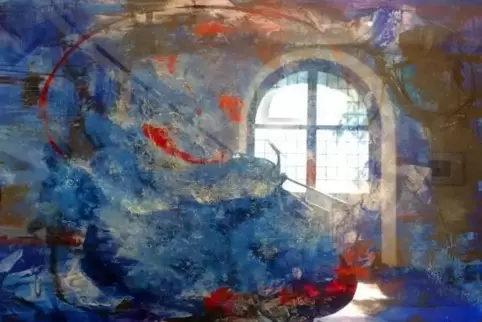So wie sich das Fantasiegemälde von Eva Scheerer hier präsentiert, wurde es nicht gemalt: Ein Fenster der Karlskirche spiegelt s