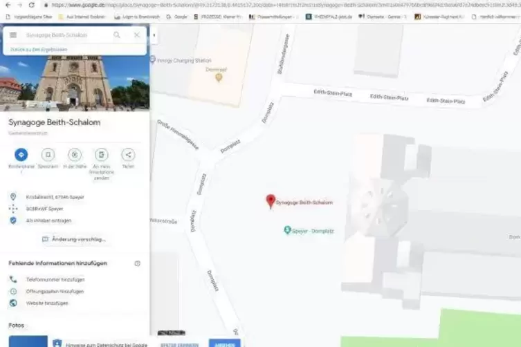 Mittwochvormittag noch zu sehen: Gef&auml;lschter Eintrag zur Speyerer Synagoge auf Google. Adresse wie angezeigter Standort wurden v