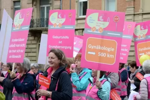 Demonstranten laufen durch die Innenstadt und fordern eine Stärkung der Geburtshilfe auf dem Land in Rheinland-Pfalz.