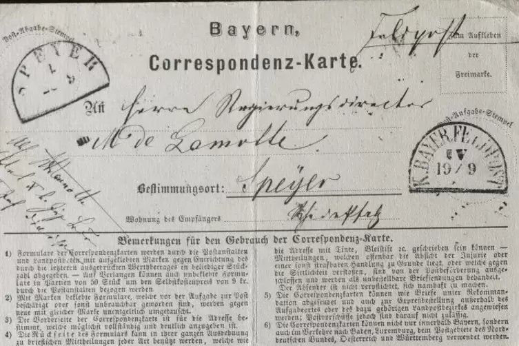Dieser Feldpost-Brief von1870 ist an den Speyerer Regierungsdirektor de Lamotte andressiert.