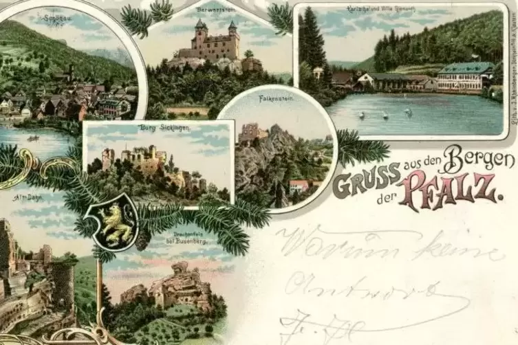 &bdquo;Gru&szlig; aus den Bergen der Pfalz&ldquo;: Gleich sieben Motive zeigt diese Ansichtskarte, die 1897 verschickt wurde. Das ist typisch f&uuml;r 