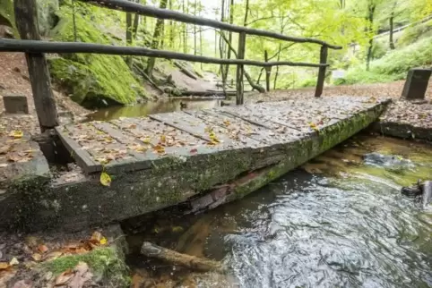 Nicht begehbar: Der tragende Balken an einer der beiden beschädigten Brücken in der Karlstalschlucht ist durchgebrochen.