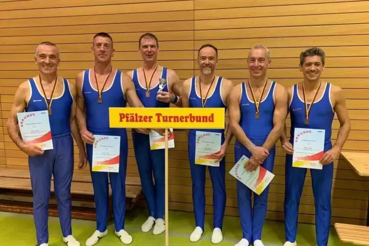 Die Senioren des Pfälzer Turnerbund beim Deutschland-Pokal (von links): Gerhard Metz, Volker Lang, Herbert Müller, Jochen Wild, 