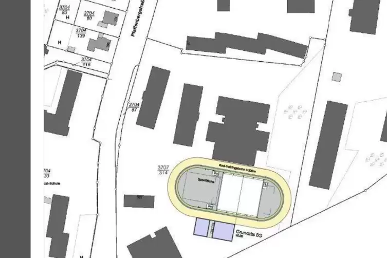 So sieht der Plan aus, den Architekt Harald Lang gezeichnet hat. Links oben die Pfaffenbergstraße. Die geplante Halle grenzt an 