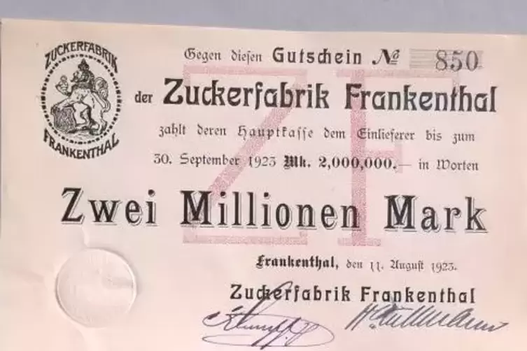 Notgeld der Frankenthaler Zuckerfabrik aus dem Inflationsjahr 1923. Bis zum Jahresende stieg der Preis f&uuml;r ein Pfund Butter auf 