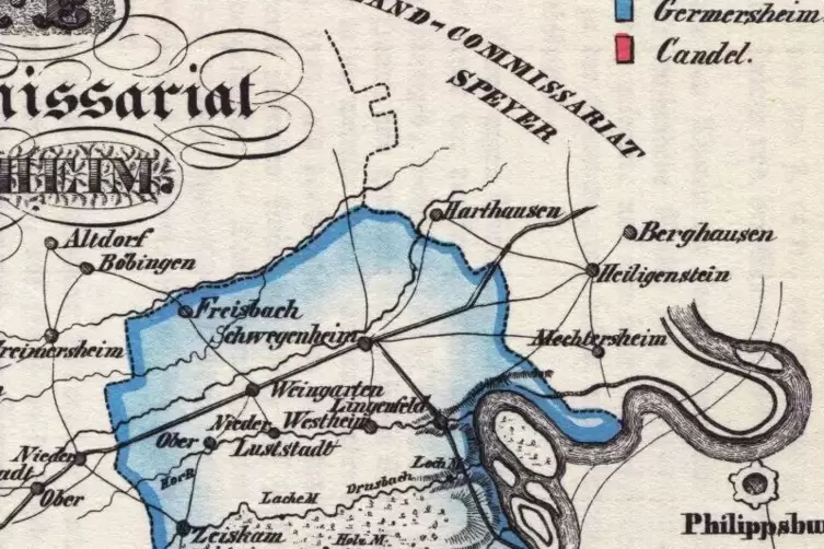 Eine Karte aus dem Jahr 1835: Sie zeigt den Verlauf des Rheins vor der Begradigung auf Höhe der Gemeinde Lingenfeld.