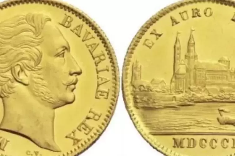 Gold-Dukat aus dem Jahr 1850: der bayerische K&ouml;nig Max II. Joseph auf der Vorder- und der Speyerer Dom auf der R&uuml;ckseite.