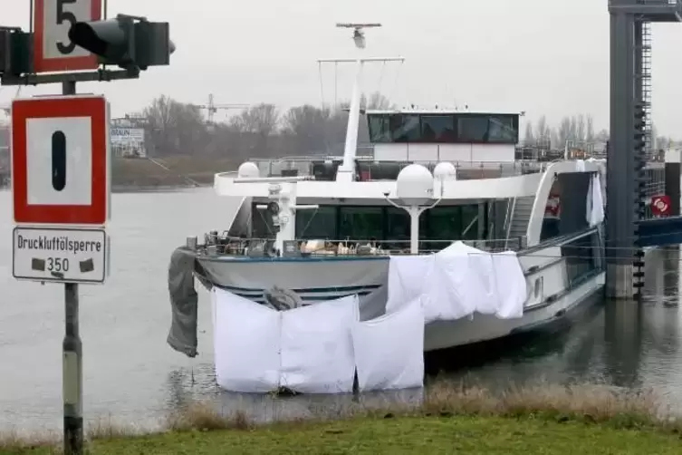Schäden verdeckt: Kreuzfahrtschiff nach dem Unfall in Speyer.
