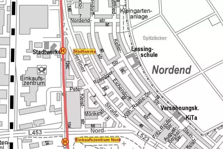 Die Strecke der Linie 463: An der Kreuzung Wormser Stra&szlig;e/Nordring soll eine neue Haltstelle dazu kommen.