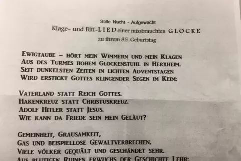 Ein erfundenes „Klage- und Bitt-Lied einer missbrauchten Glocke“, die im Turm der Jakobskirche hängt, fanden einige Herxheimer B