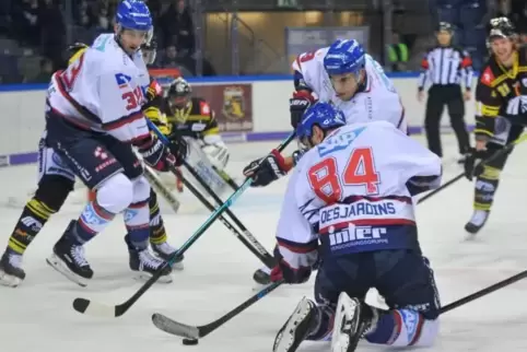 Adler Andrew Desjardins erobert die Scheibe beim Bully.