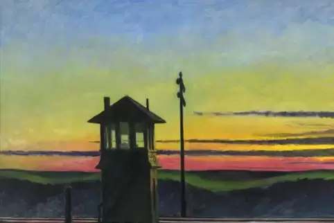 Ein Lieblingsbild von Edward Hopper. „Bahnwärterhäuschen als Silhouette. Fortgeschrittener Sonnenuntergang, rote & goldene horiz